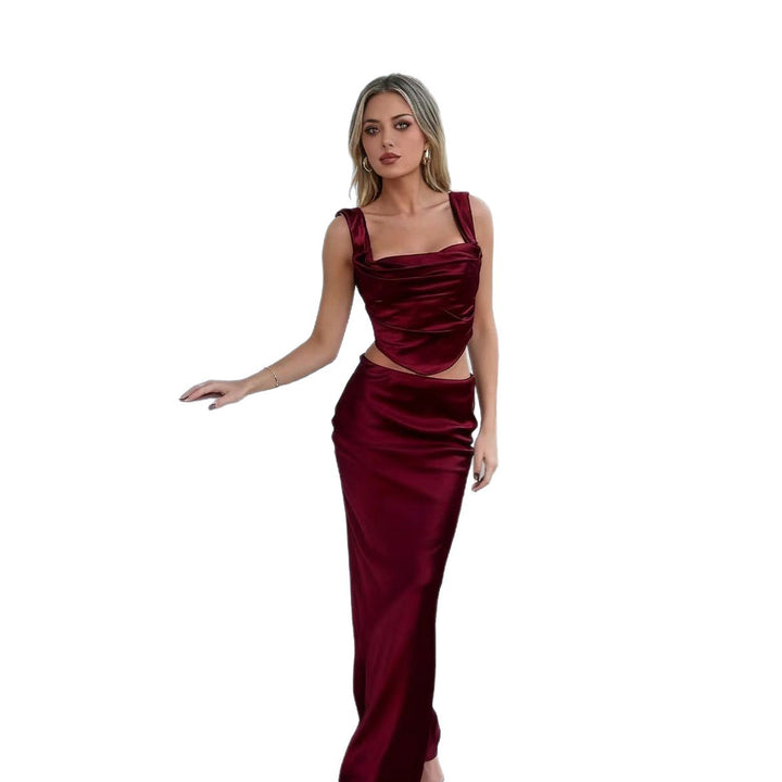 Damen Elegantes Satin Set mit tailliertem Oberteil und schwingendem Rock Drune