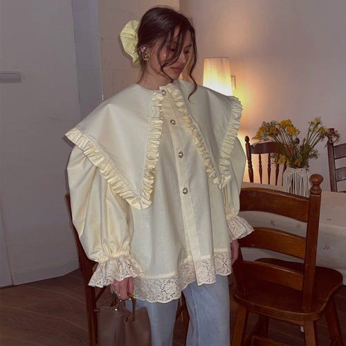 Damen Oversize Bluse mit Rüschendetails und Spitzenbesatz Drune
