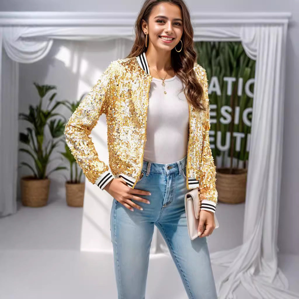 Damen Glitzernde Bomberjacke mit sportlichen Streifen und Pailletten-Besatz Drune