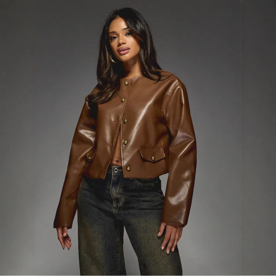 Damen Kunstlederjacke mit glänzendem Finish und dekorativen Knöpfen Drune