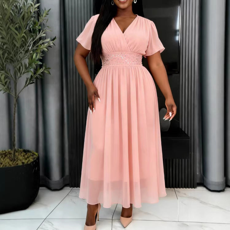 Damen Elegant Fließendes Maxikleid mit V-Ausschnitt und Taillierung Drune