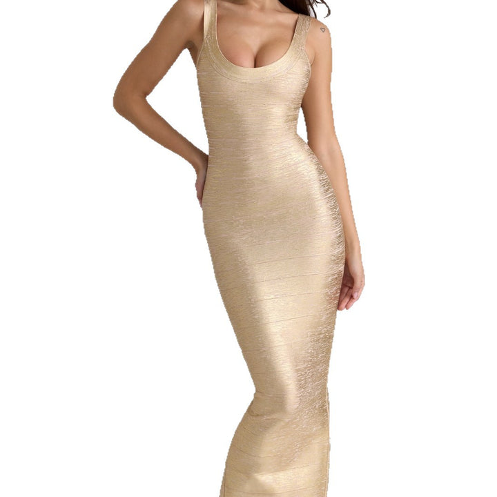Damen figurbetontes Maxikleid mit schimmerndem Stoff und tiefem Ausschnitt Drune