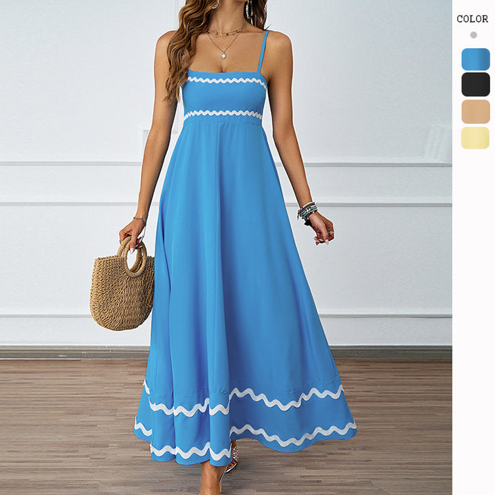Damen Lange Maxi-Kleid mit Spaghetti-Trägern und dekorativem Saum Drune