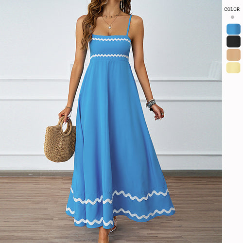 Damen Lange Maxi-Kleid mit Spaghetti-Trägern und dekorativem Saum Drune