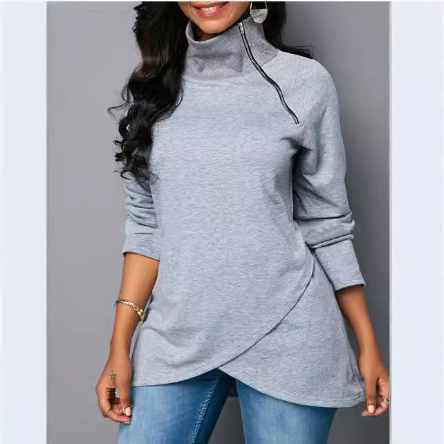 Damen Rundhals Shirt mit hoher Kragen und Reißverschluss Drune