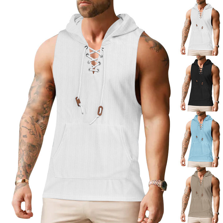 Herren ärmelloses Kapuzenshirt mit leichtem Strukturdesign und praktischen Schnürdetails Drune