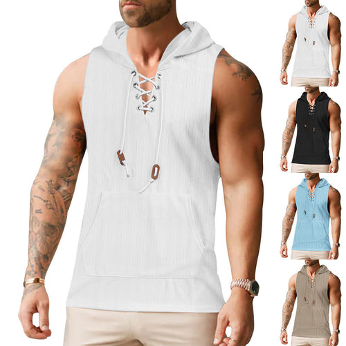 Herren ärmelloses Kapuzenshirt mit leichtem Strukturdesign und praktischen Schnürdetails Drune