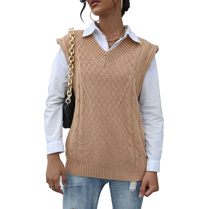 Damen klassischer Strickpullover ohne Ärmel mit V-Ausschnitt und strukturiertem Muster Drune