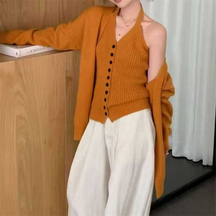 Damen Grobstrickjacke mit abnehmbaren Ärmeln und Knopfdetails Drune