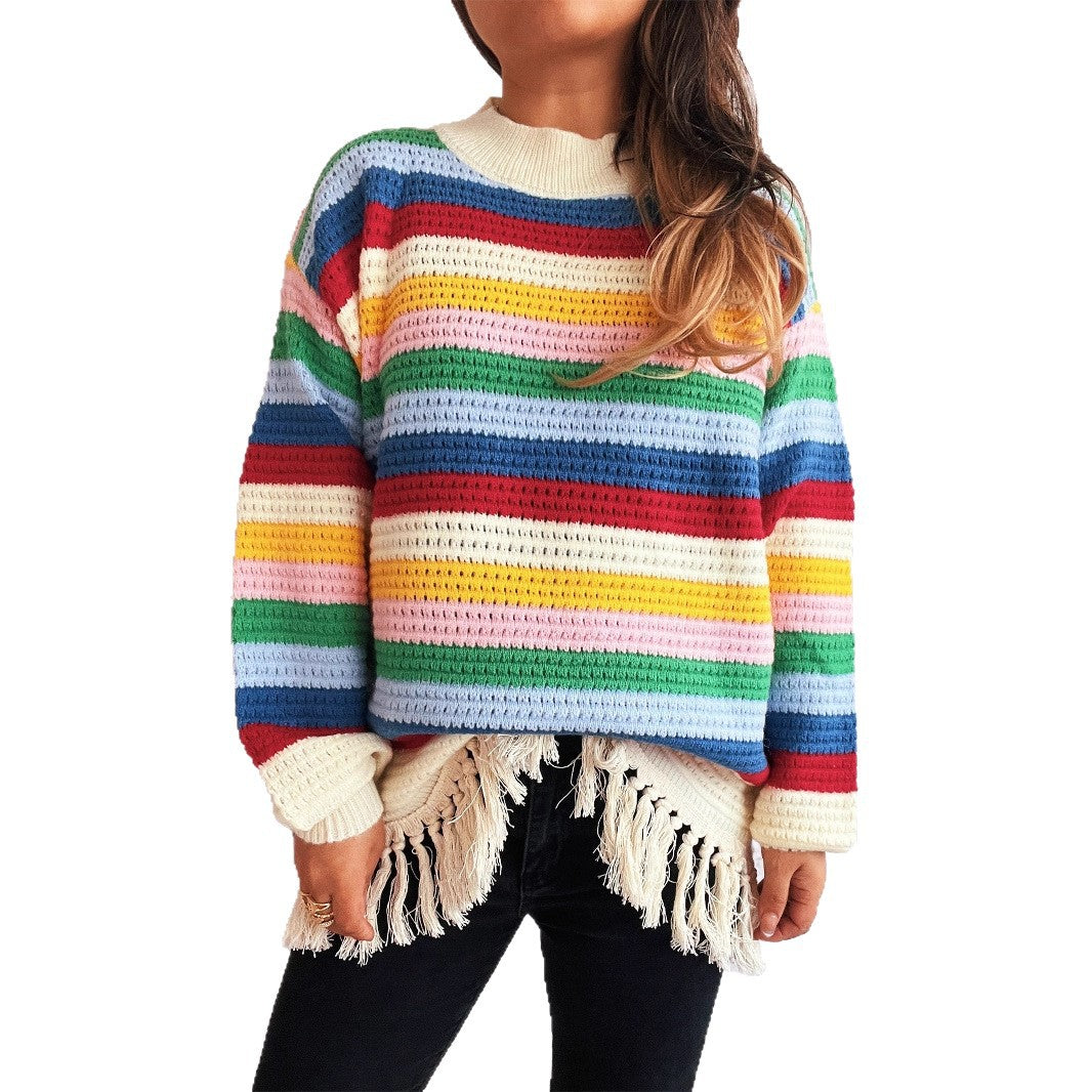 Damen entzückender Pullover mit Fransen und buntem Streifenmuster Drune