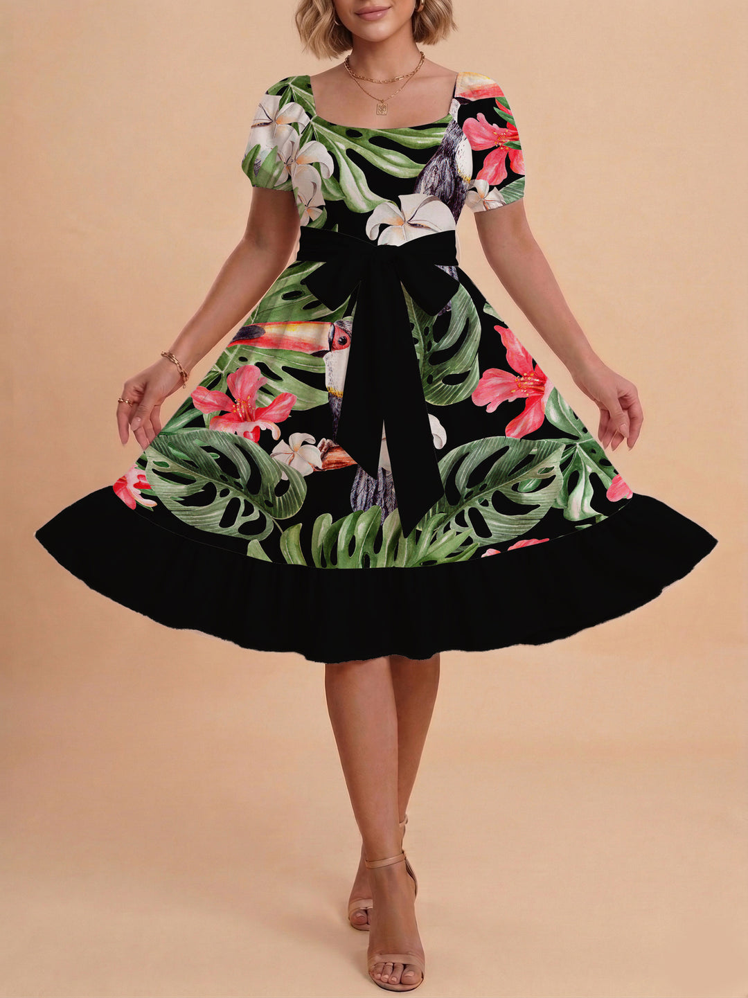 Damen A-Linien-Kleid mit floralen Motiven und taillierbarem Gürtel Drune