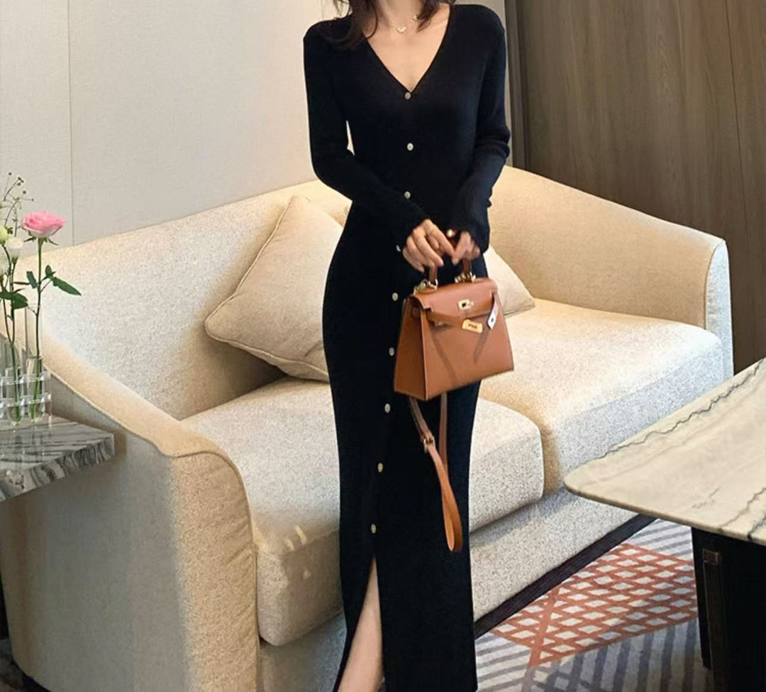 Damen Elegantes Maxikleid mit Knopfdetails und V-Ausschnitt Drune