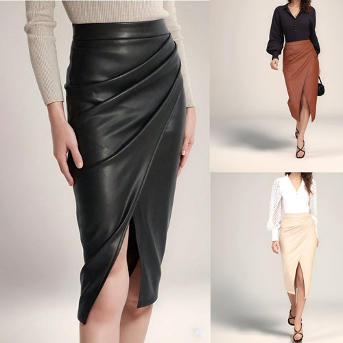 Damen Eleganter Wickelrock aus hochwertigem Kunstleder mit Schlitz Drune