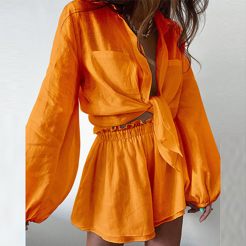 Damen Lässiges Kurzarm-Hemd mit weitem Schnitt und High-Waist-Shorts Drune