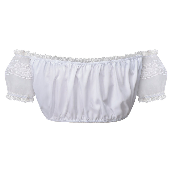 Damen nan Spitzenbolero Bluse mit Stehkragen, 3/4 Ärmeln und Bindeband Drune