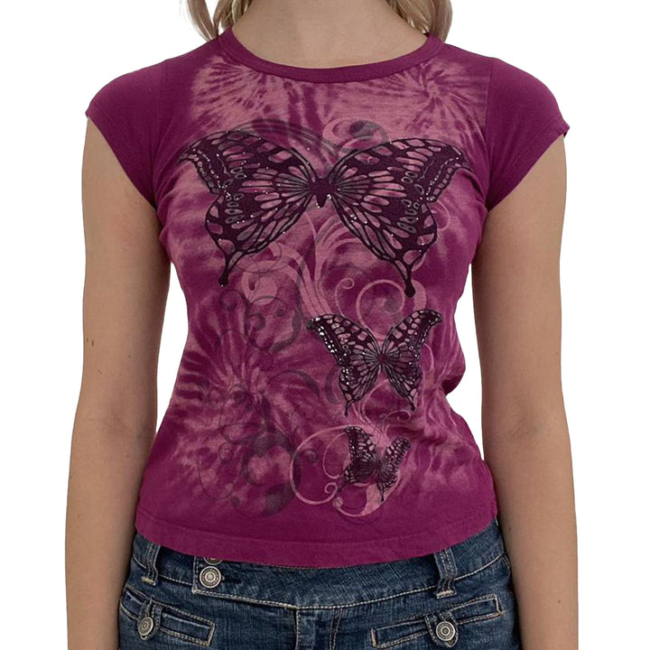 Damen lässiges Grafik-Crop-Top mit Rundhals-Ausschnitt Drune