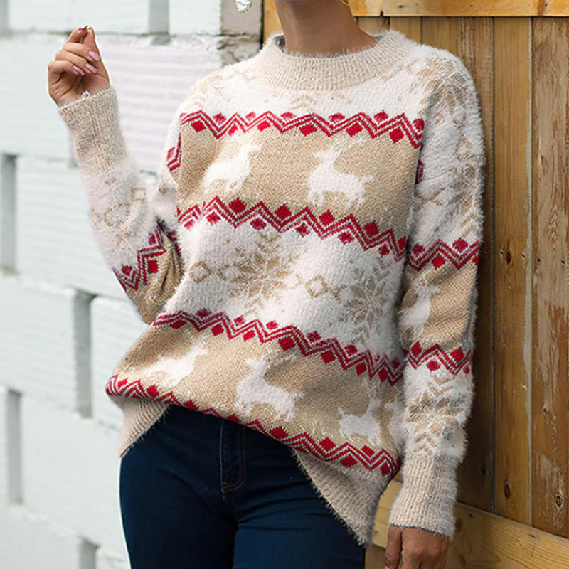 Damen Strickpullover mit festlichem Rentier- und Schneeflockenmotiv Drune