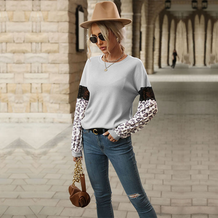 Damen modischer Pullover mit floralen Spitzenärmeln und dezente Leopardenmuster Drune