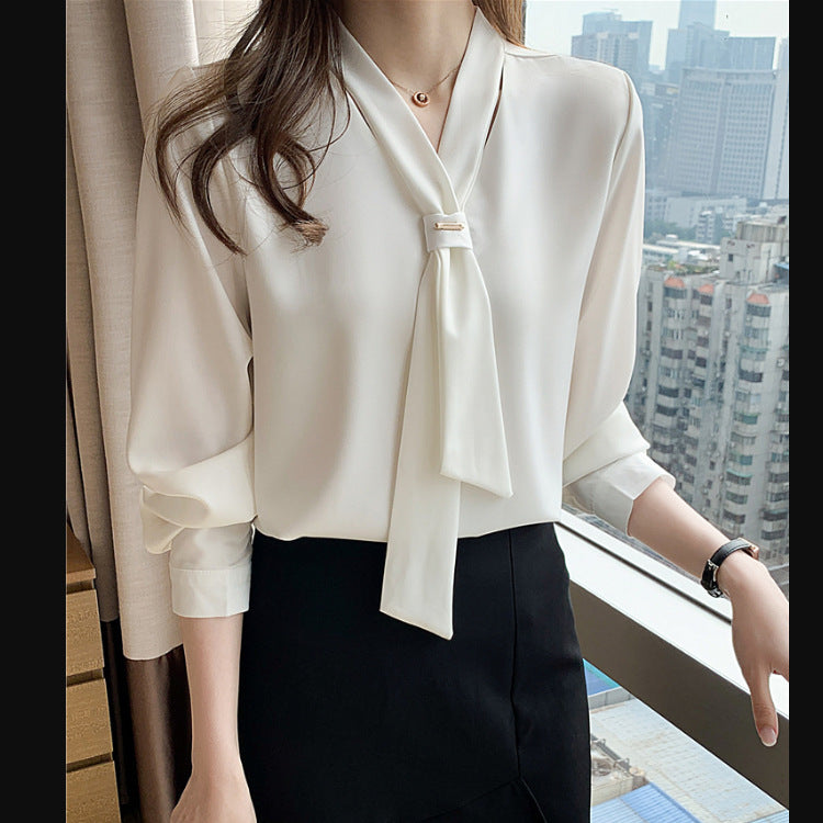 Damen Bluse mit elegantem Schlaufenkragen und seidigem Finish Drune