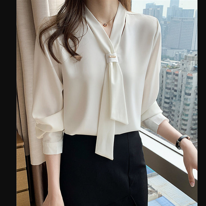 Damen Bluse mit elegantem Schlaufenkragen und seidigem Finish Drune