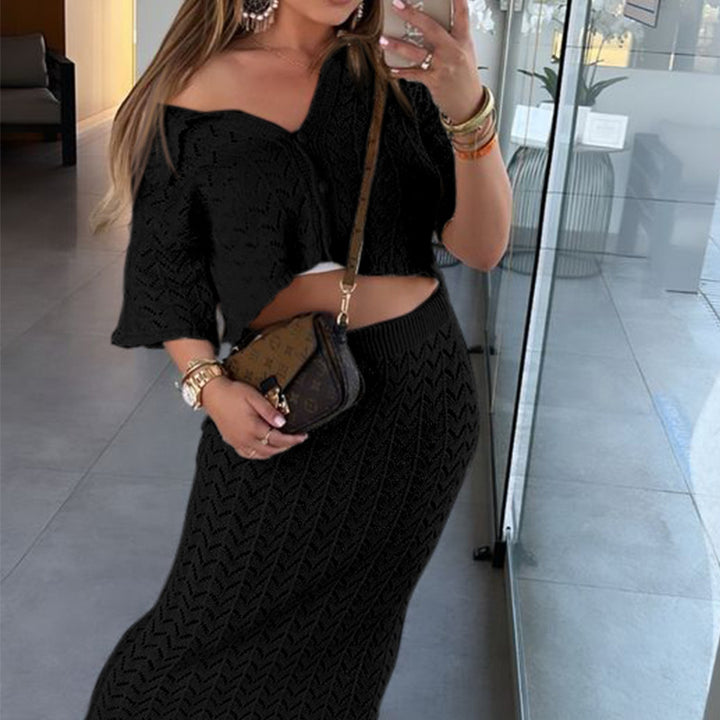 Damen Strick-Kleid mit hohen Seitenschlitzen und modischem Lochmuster Drune