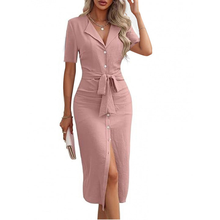 Damen Elegant geschnittenes Midi-Kleid mit Knopfdetails und Taillengürtel Drune