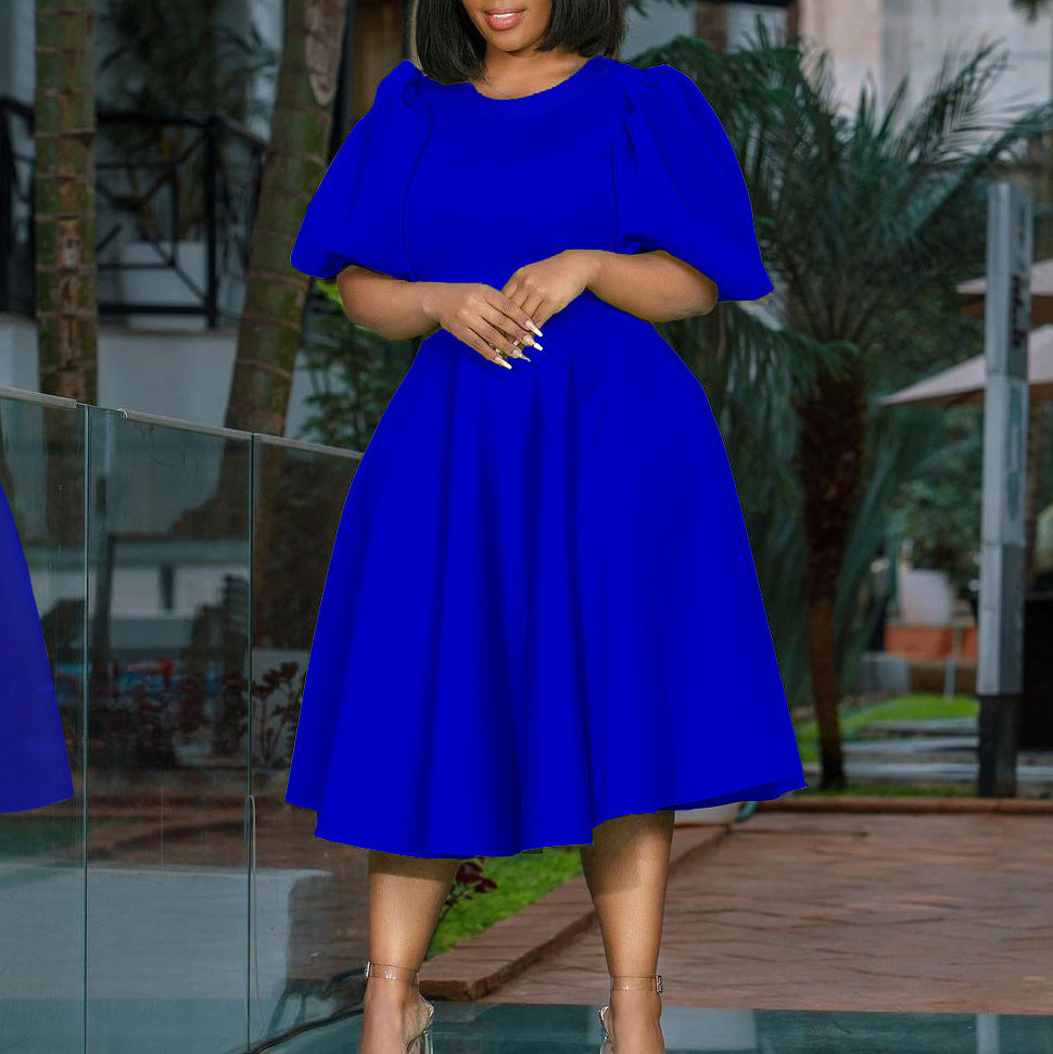 Damen Midi-Kleid mit voluminösen Puffärmeln und schwingendem Rock Drune