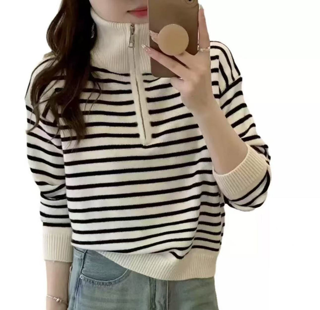 Damen Strickpullover mit kurzem Reißverschluss und modischem Streifenmuster Drune