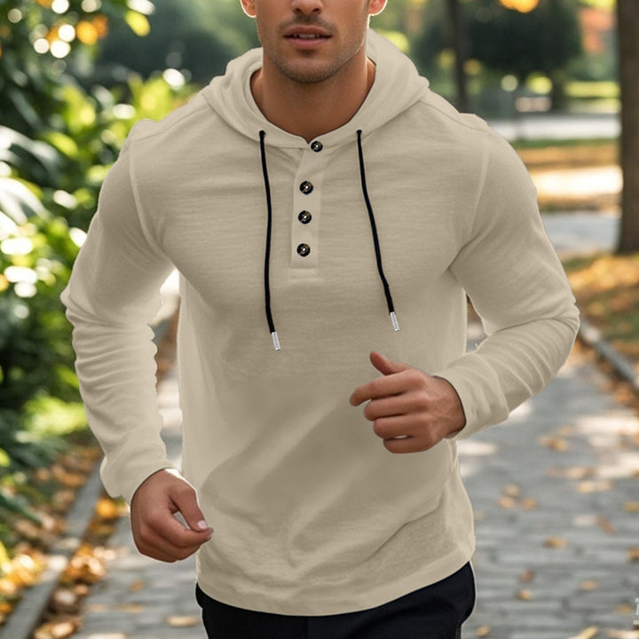 Herren nan athletisches Henley-Kapuzenpullover mit knöpfbarer Brustleiste, kontrastierenden Zugbändern und körpernaher Stretch-Passform Drune