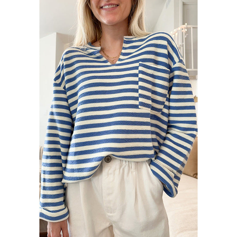 Damen gestreiftes Sweatshirt mit V-Ausschnitt und Brusttasche Drune