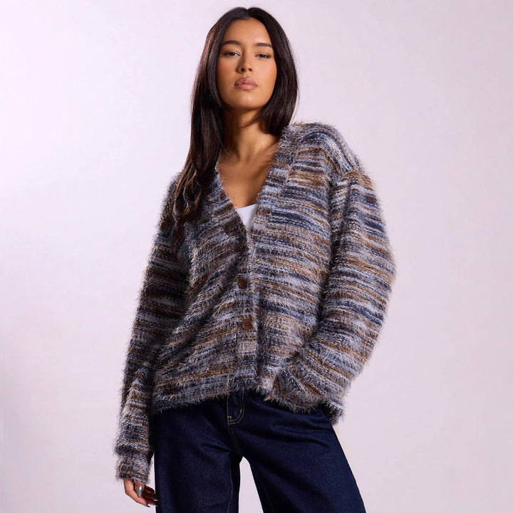 Damen luftiger Strickpullover mit tiefem V-Ausschnitt und charmantem Farbverlauf Drune