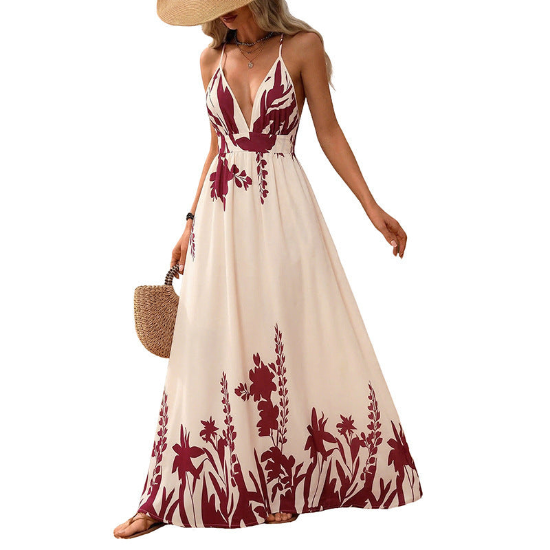 Damen Maxikleid mit tiefem V-Ausschnitt und floraler Applikation Drune