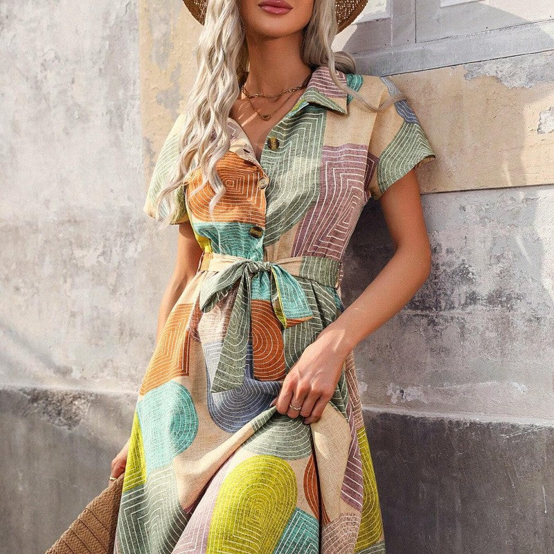Damen Hemdkleid mit buntem geometrischem Muster und Taillengürtel Drune