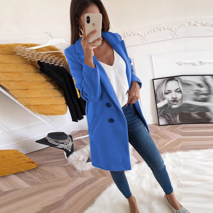 Damen eleganter und warmer Longblazer mit doppelter Knopfleiste Drune
