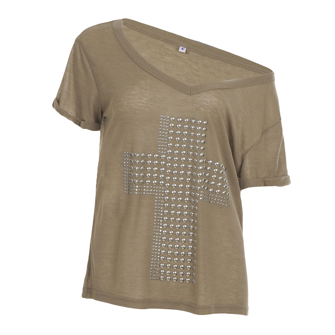 Damen stylisches Oversized T-Shirt mit Kreuz-Print und Glitzerdetails Drune
