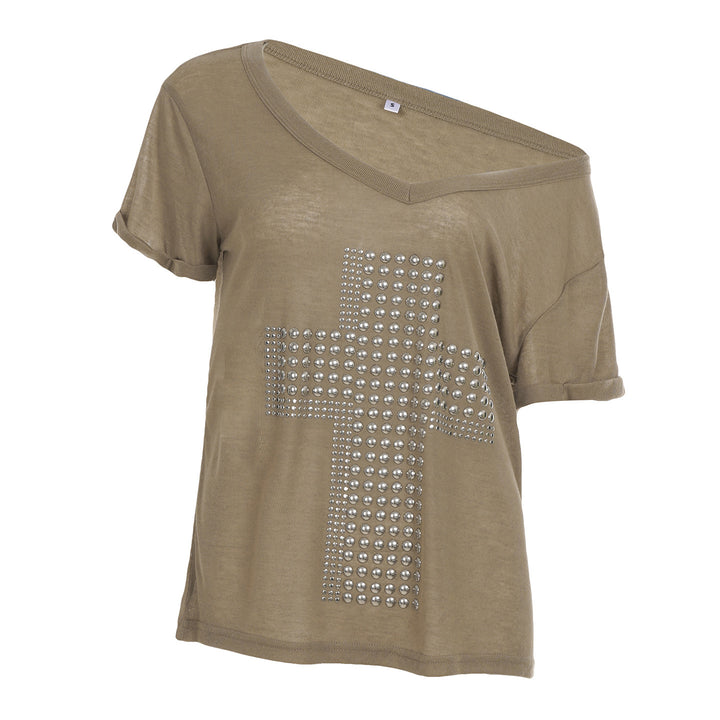 Damen stylisches Oversized T-Shirt mit Kreuz-Print und Glitzerdetails Drune