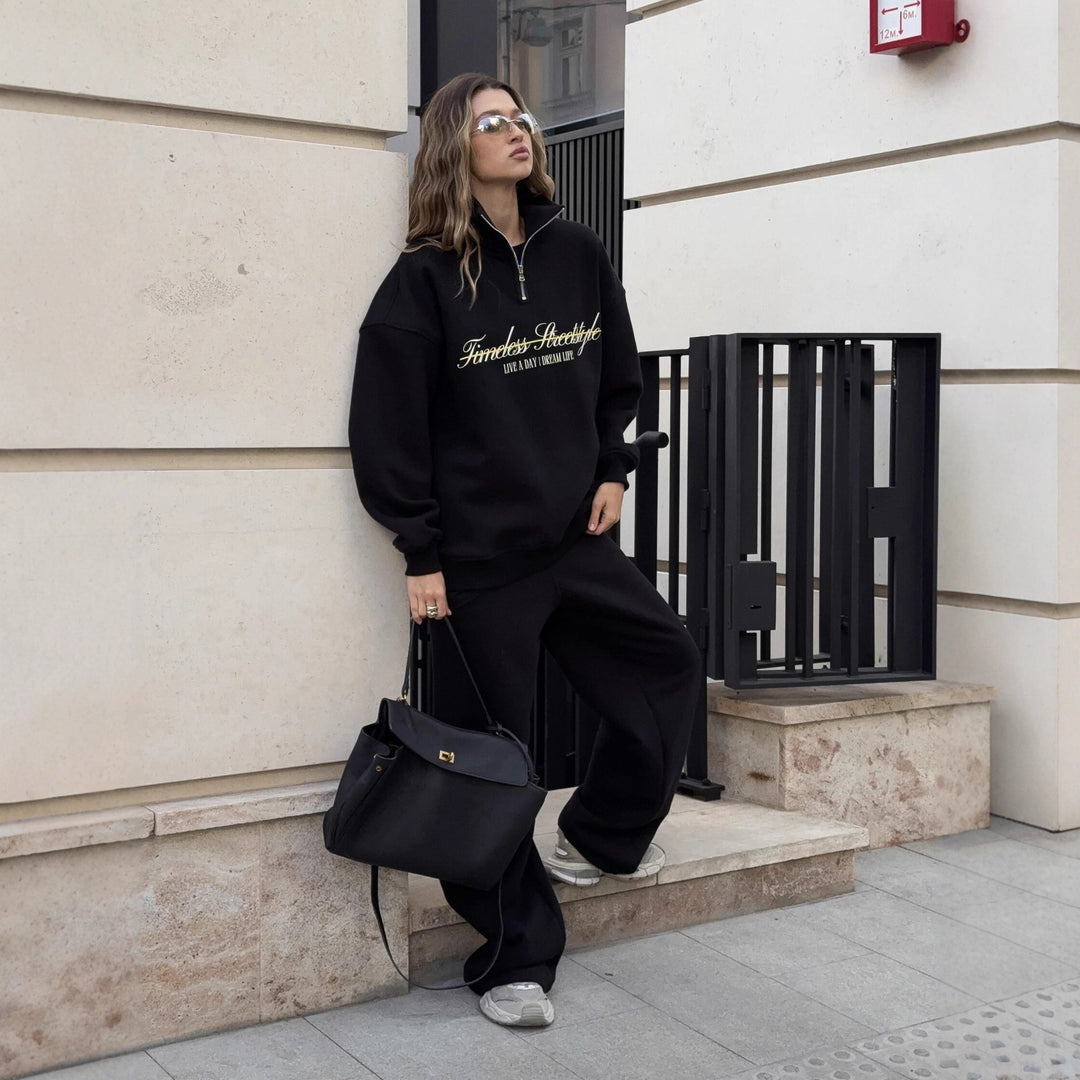 Damen nan oversized Halbzip-Sweatshirt mit hohem Stehkragen und Statement-Print Drune