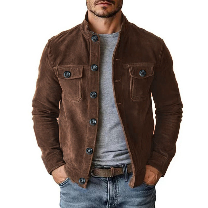 Herren nan klassische Velourslederjacke mit Stehkragen, Knopfleiste und aufgesetzten Brusttaschen Drune