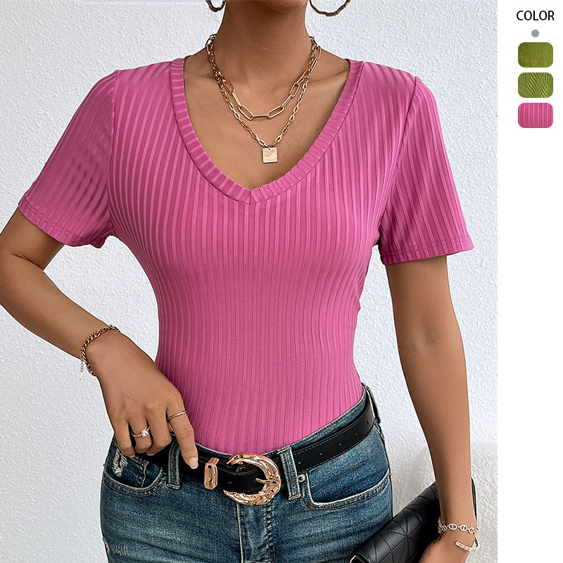 Damen V-Ausschnitt Kurzarmshirt mit feiner Rippstruktur Drune