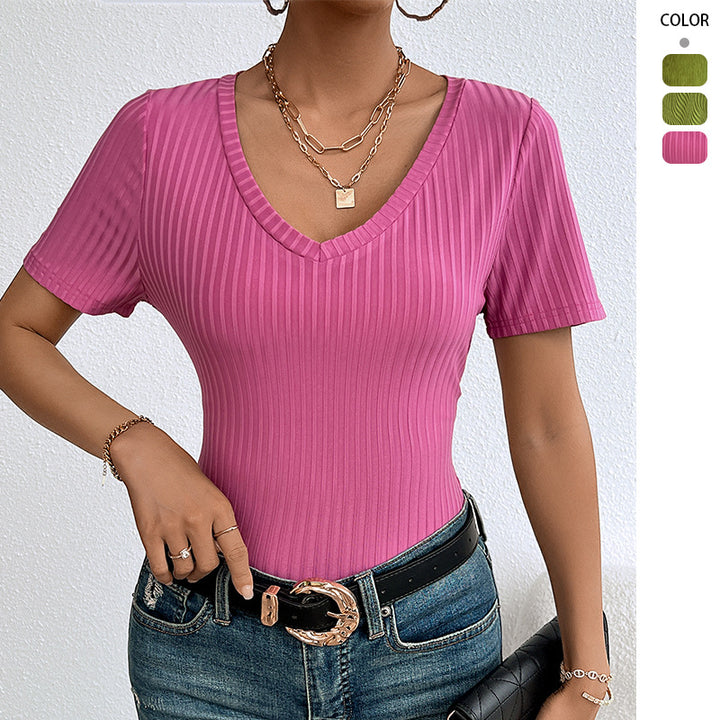 Damen V-Ausschnitt Kurzarmshirt mit feiner Rippstruktur Drune