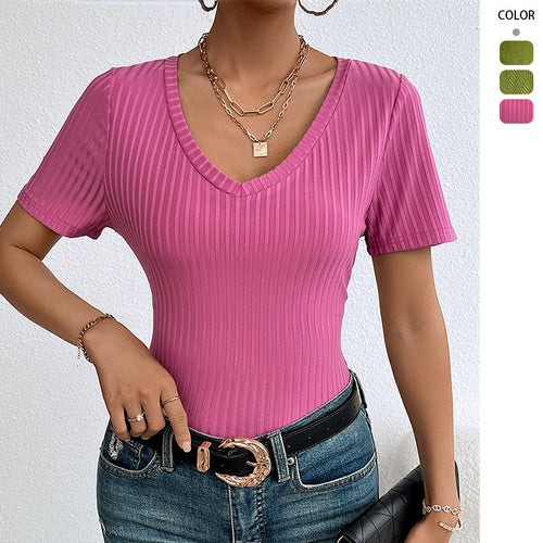 Damen V-Ausschnitt Kurzarmshirt mit feiner Rippstruktur Drune