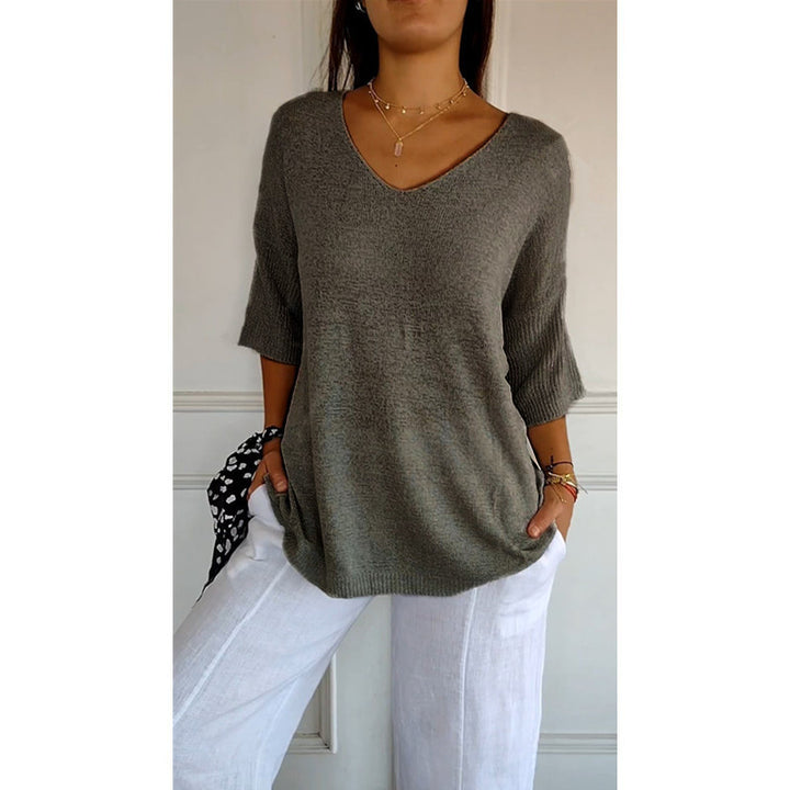 Damen nan locker sitzender V-Ausschnitt Feinstrickpullover mit dreiviertelÄrmeln Drune