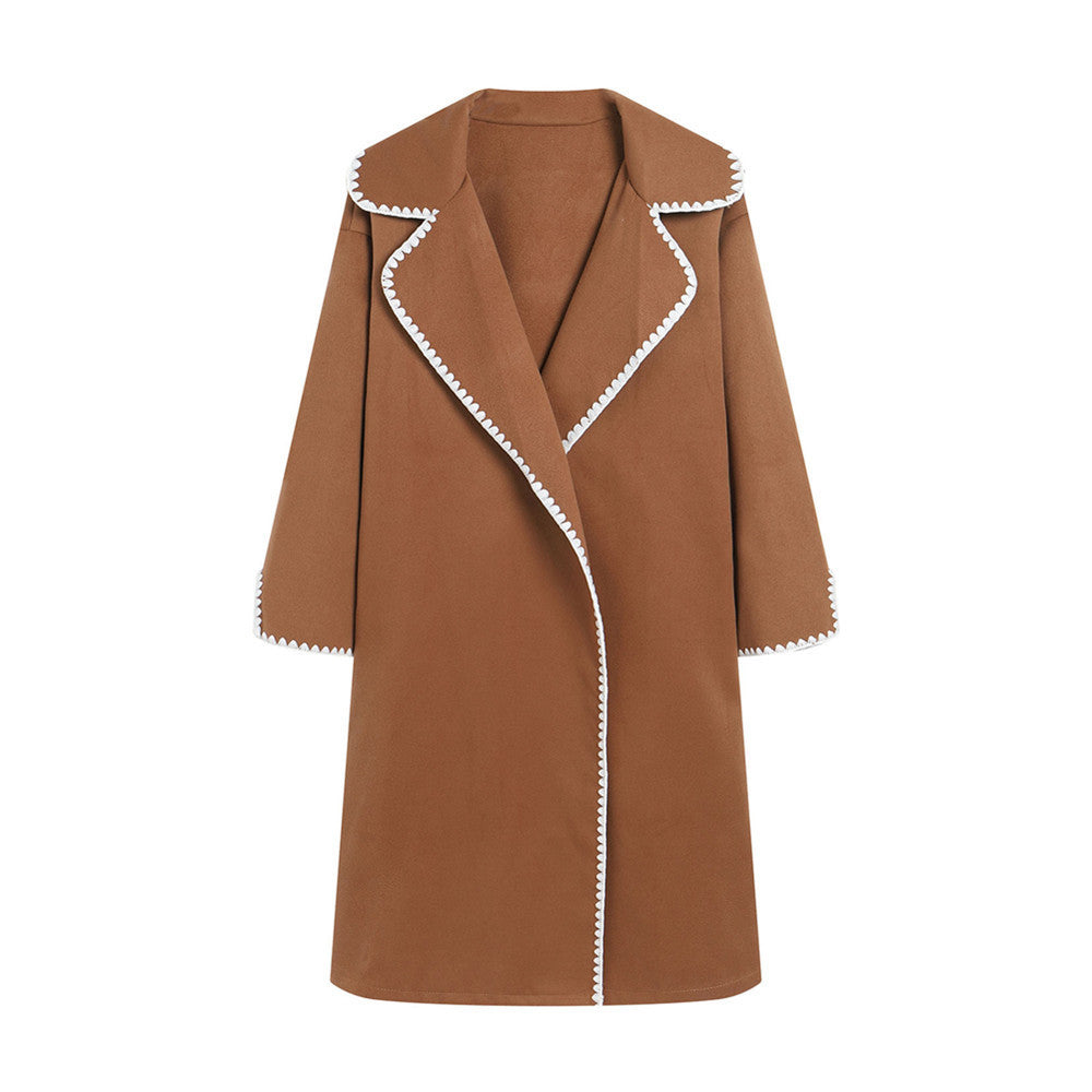 Damen eleganter Mantel mit stilvollem Umschlagkragen und kontrastierenden Ziernähten Drune