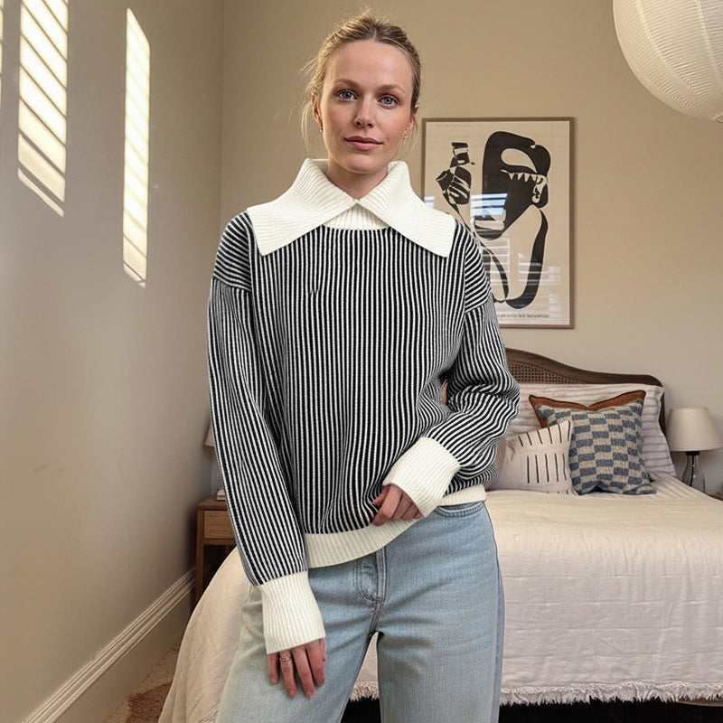 Damen Pullover mit modischem Streifenmuster und elegantem Kragen Drune
