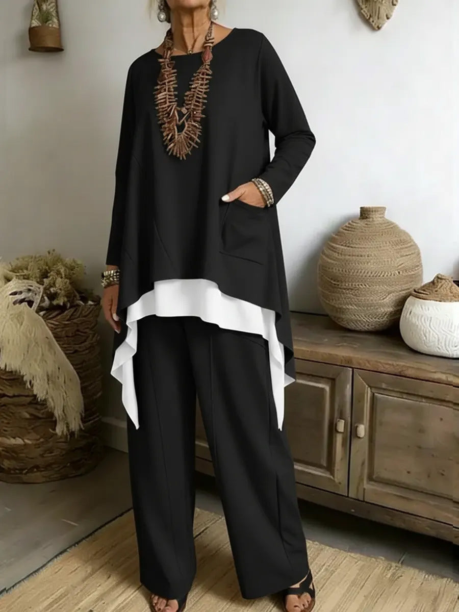Damen lässiges Ensemble aus asymmetrischem Oberteil und weitem Hosen Drune