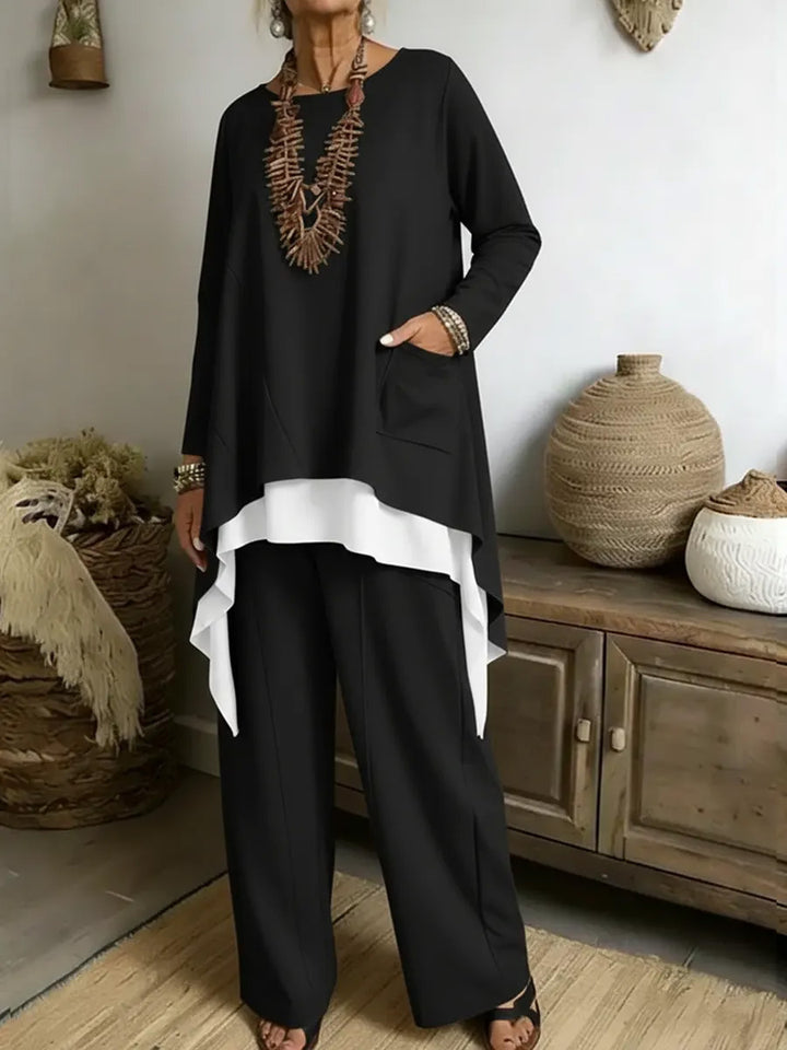 Damen lässiges Ensemble aus asymmetrischem Oberteil und weitem Hosen Drune