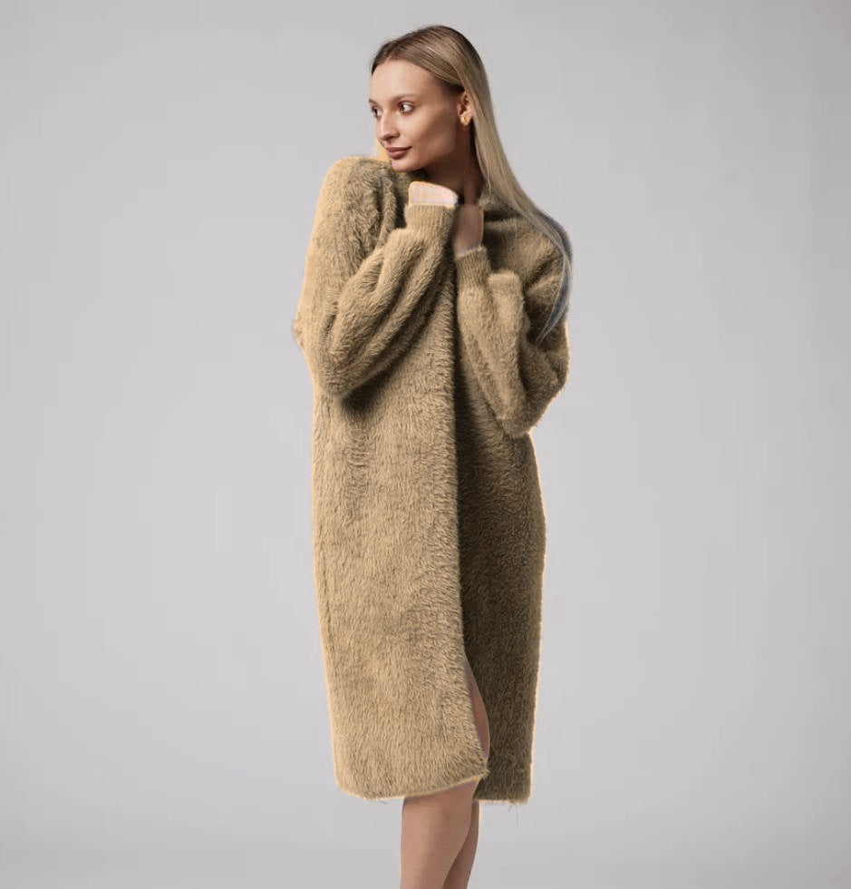 Damen Flauschiger Langstrickmantel mit seitlichem Schlitz und lockerer Passform Drune