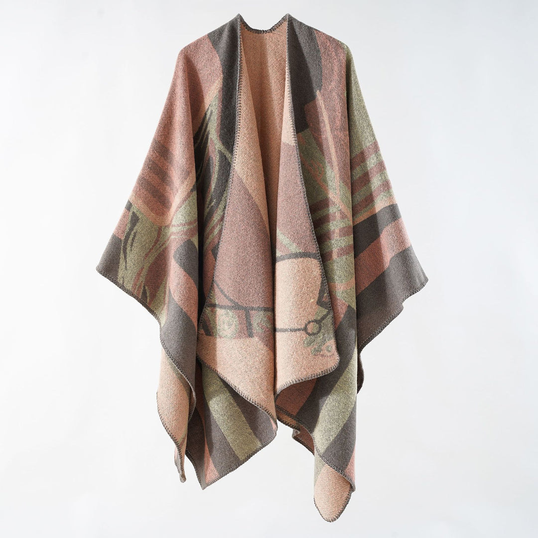 Damen eleganter Strickponcho mit kunstvollem Muster und feinen Fransen Drune