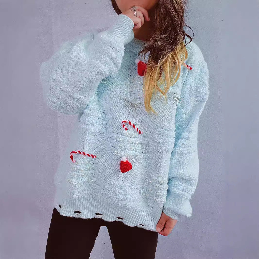 Damen festlicher Pullover mit kreativen Weihnachtsmotiven und strukturiertem Design Drune