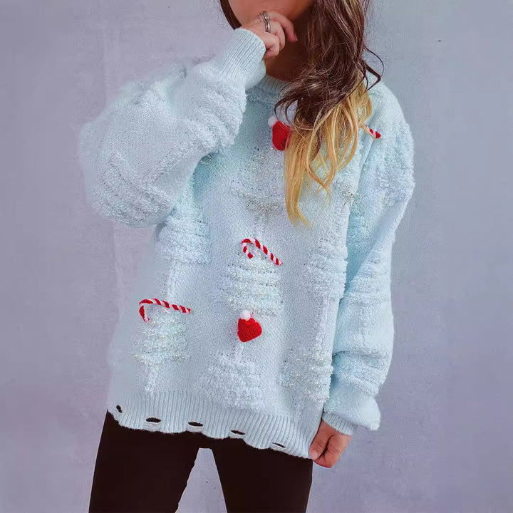 Damen festlicher Pullover mit kreativen Weihnachtsmotiven und strukturiertem Design Drune